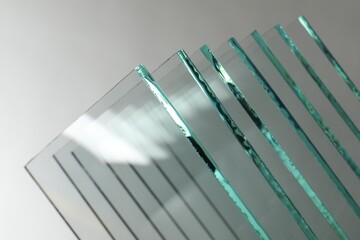 Naklejka premium Many clean glass sheets on light grey background, closeup