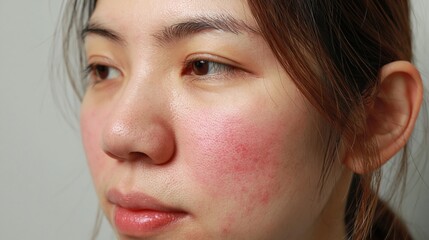Fototapeta premium Close-up portrait of an Asian woman showing facial redness and skin irritation on her cheeks