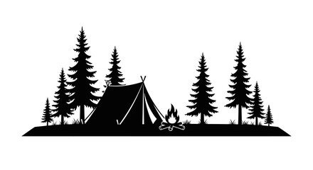 Black silhouette of a camping scene with tent pine trees and a bonfire. © Ghushun_Ni'amillah