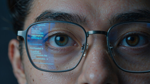Close up of eyes reflecting computer code