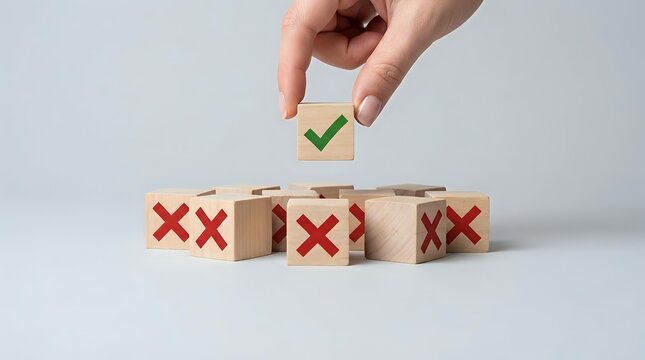 Hand placing wooden cube with green checkmark above row of blocks with red X marks representing choice between success and failure in business decisions.