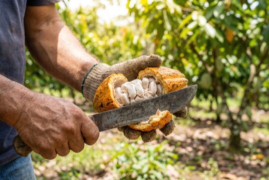 Farmer hands holding a freshly cut open cacao pod revealing the white raw cocoa beans inside on a farm