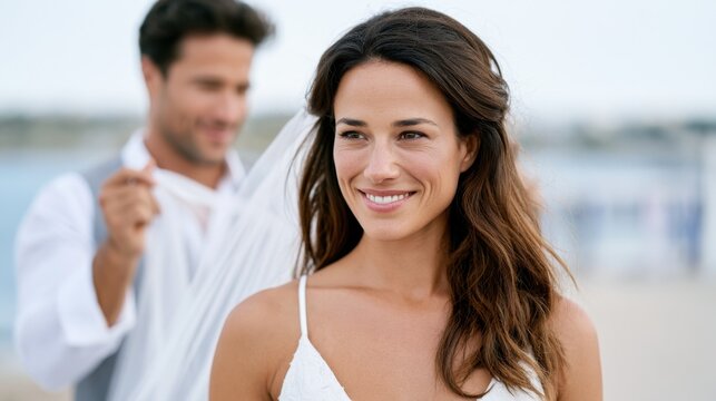 Bride in white dress smiles at the camera while groom playfully adjusts her veil on a beach during a wedding ceremony with ocean in the background
