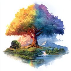 Naklejka premium Majestic Tree of Life Illustration with Rainbow Leaves and Landscape Elements for Spiritual Wellness and Environmental Harmony