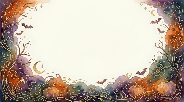 Halloween watercolor frame with bats, pumpkins, crescent moons, and swirling branches, featuring a white center copy space for text or design.