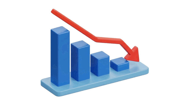 Vector illustration of 3d bar chart with a red downward trending arrow on a transparent background
