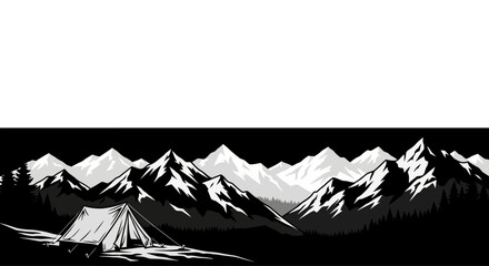 Black and white vector illustration of a tent in a mountain landscape. © Ghushun_Ni'amillah