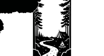 Minimalist black and white camping scene illustration with tent and fire. © Ghushun_Ni'amillah