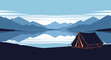 A single camping tent pitched on the shore during a peaceful mountain lake trip. © Ghushun_Ni'amillah