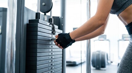 Fototapeta premium Close up of a fit woman wearing lifting gloves adjusting the weight pin on a cable exercise machine in a modern gym