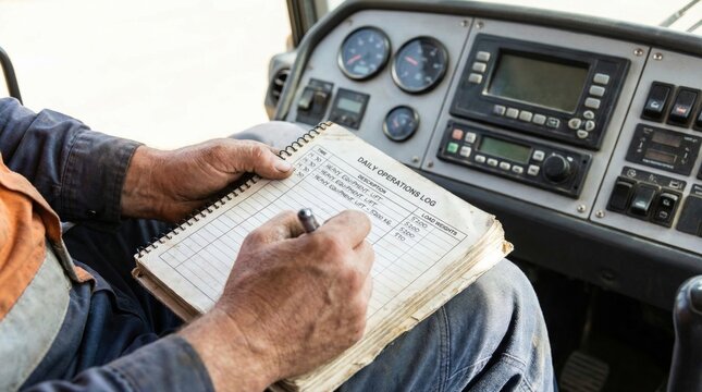 Heavy equipment operator hands writing with a pen in a daily operations log book while sitting in the driver cabin