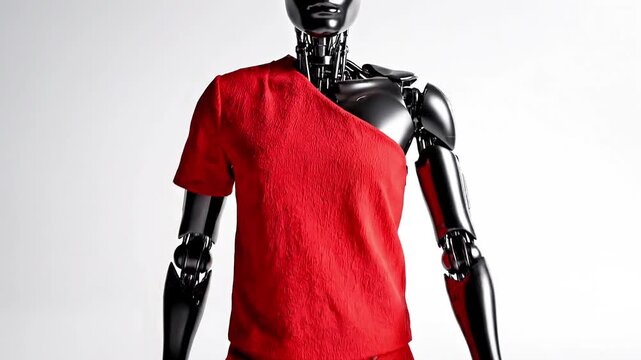 fashion robot model innovation future humanoid bot clothing white background isolated concept