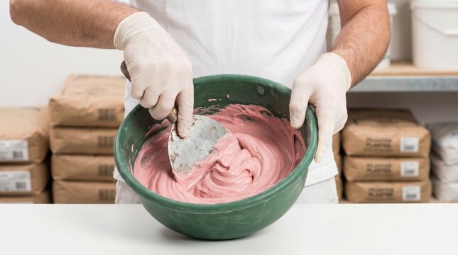 Worker wearing white rubber gloves mixing pink plaster or compound in a green plastic bowl with a spatula