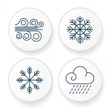 Weather icons depicting wind snowflakes and rain on circular white backgrounds in a square arrangement