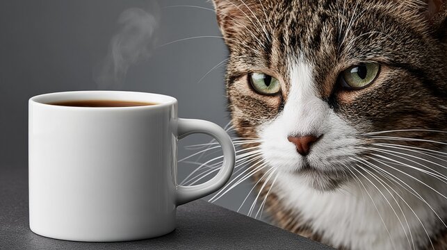 Close-up of a curious cat looking at a steaming mug of hot coffee, perfect for morning or beverage themes