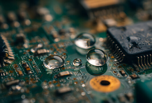 A close-up macro shot of an electronic circuit board that is corroded and damaged with water drops