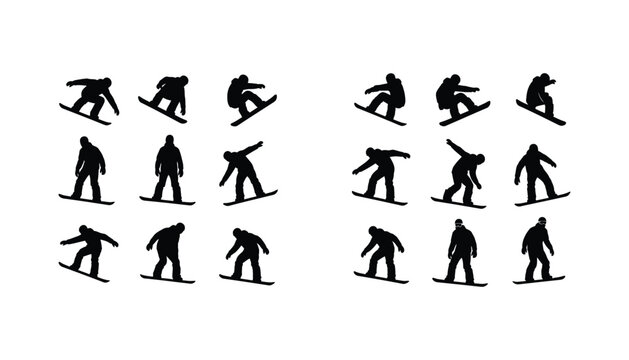 Collection of snowboarder silhouette icons in various action poses demonstrating snowboarding tricks and movements on white background