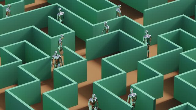 3d animation of seamless conceptual video loop of a polished chrome human figure endlessly navigating a labyrinthine elevated platform maze of choice-making paths