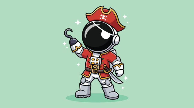 Cute astronaut pirate character with hook hand and eye patch.