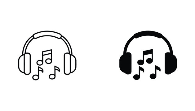 Headphones with musical notes icon outline and solid silhouette audio symbol isolated on white background vector