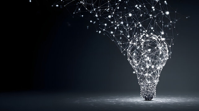 A digital wireframe light bulb with interconnected nodes and lines that signifies innovation and ideas against a dark background.