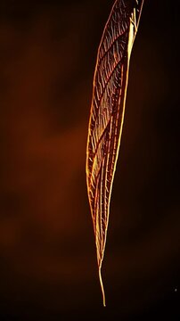 Close-up of a translucent leaf skeleton glowing with warm light against a dark background.