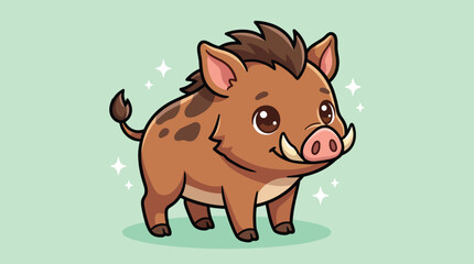 Fototapeta premium Cute cartoon wild boar character with tusks and spots on a green background.