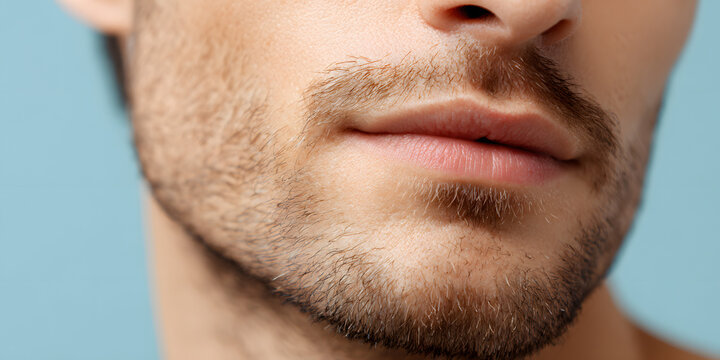 A young Caucasian man's lower face with light stubble, a defined jawline, and neutral lips is shown in a close up against a blue background with skin texture detail and soft directional lighting.