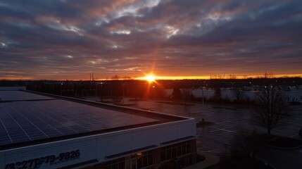 Fototapeta premium Sunrise Over Industrial Building With Solar Panels Reflecting Morning Light