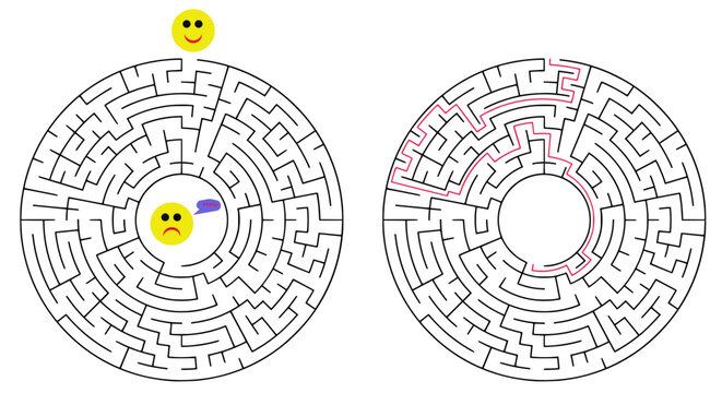 Circular maze illustration with smiling and sad emoji faces, showing paths and solutions in black and white, with highlighted route in red on the right side