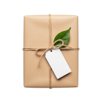 Elegant gift wrapped package with green leaf tag