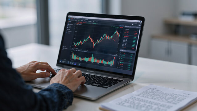 Person analyzing stock market data on laptop
