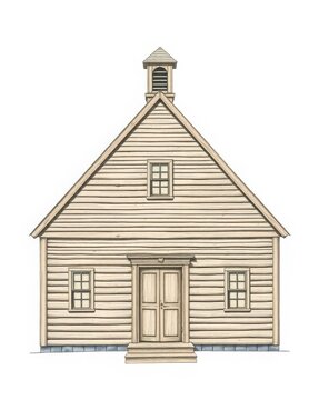 Detailed sketch of a pioneer log church with gabled steeple and windows