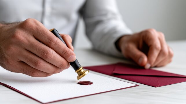 Male hand applying wax seal with a gold stamp on a white envelope, surrounded by burgundy envelopes on a light wooden table, creating an elegant stationery setting