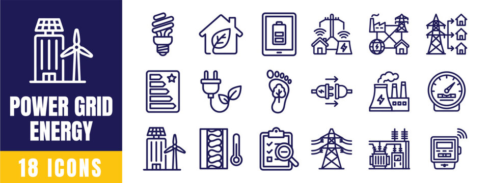 Power Grid and Energy Line Icons Set &mdash; Solar Panel, Wind Turbine, Electric Tower, Smart Meter, Energy Efficiency Vector