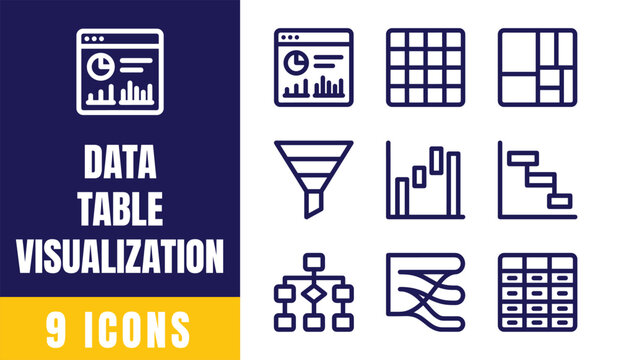 Data Table and Visualization Line Icons Set &mdash; Dashboard, Funnel, Grid, Hierarchy, Bar Chart, Table Layout Vector Illustration