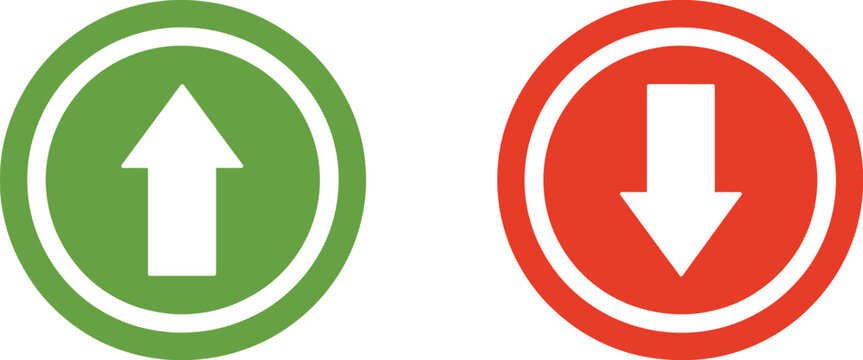 Up and down arrow icon set, vector illustration of green up arrow and red down arrow icons on transparent background for analytics trends and performance design.