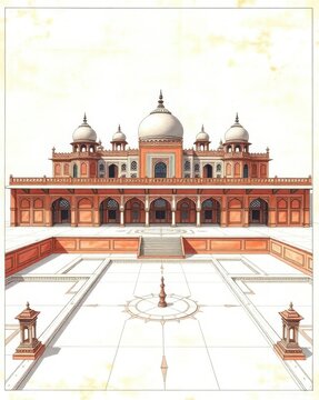Detailed watercolour illustration of a grand Mughal royal complex with ornate arcades