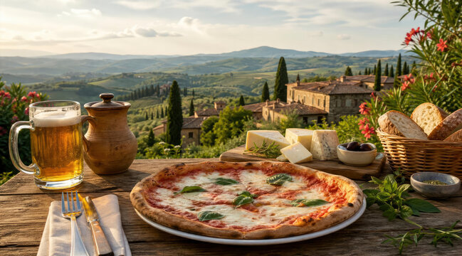 Pizza margherita, beer, cheese, and bread on a table overlooking rolling tuscan hills