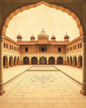 Bird's-eye perspective of a Mughal palace courtyard with latticed arches and dome