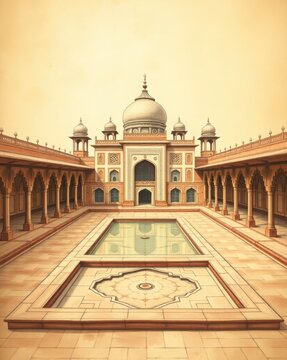 Historic watercolour of a red sandstone Mughal complex with chhatris and onion dome