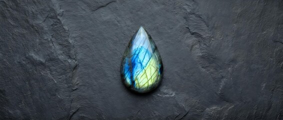 Fototapeta premium Labradorite gemstone with blue and green flash on dark textured slate surface. Natural mineral specimen displaying iridescent colors for jewelry design.