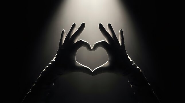 Silhouette of hands forming heart shape against dramatic spotlight background. Romantic gesture symbolizing love, affection and emotional connection in black and white.