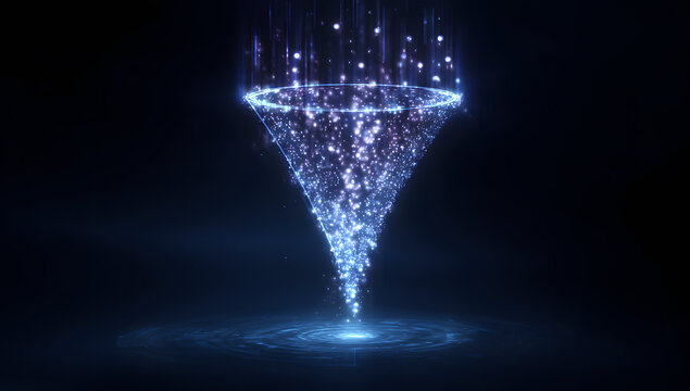 A futuristic sales funnel made up of glowing particles symbolizing data filtering, lead generation, and business conversion on a dark technological background.