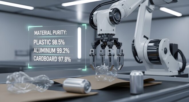 Robotic arm sorting recyclable materials with purity data overlay