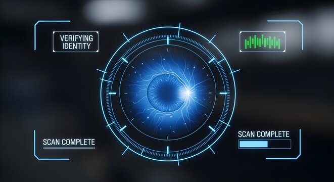 Biometric iris scan confirming identity verification with futuristic interface