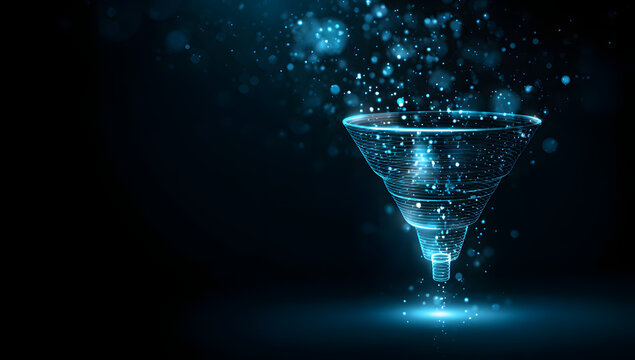 On a dark technological background, a futuristic digital sales funnel features glowing particles that represent data filtering, lead generation, and business conversion.