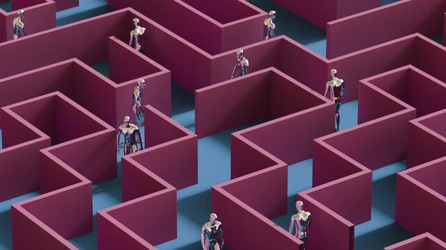 3d animation of seamless conceptual video loop of a polished chrome human figure endlessly navigating a labyrinthine elevated platform maze of choice-making paths