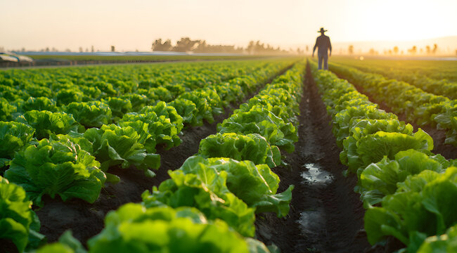 A farmer is demonstrating sustainable farming practices while walking in a vast agricultural field with rows of fresh green lettuce growing.