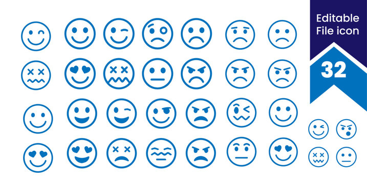 Emotion Icons, Blue Smiley Faces, Editable Vector Emoticons, 32 Emoticon Symbols